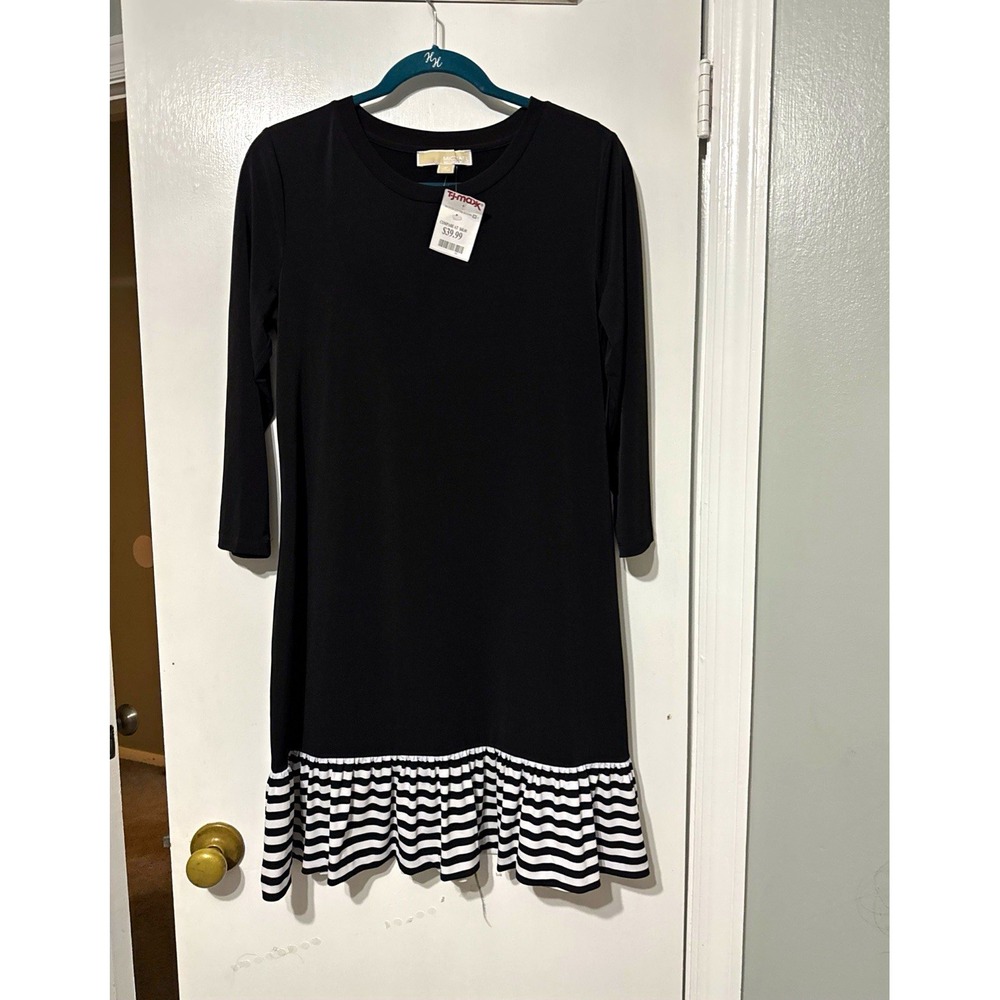 Michael Kors Black Striped Ruffle Hem Fit & Flare Knee Dress Long Sleeve M NWT